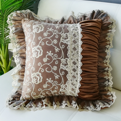 高档奢华绒欧式宫廷蕾丝花边汽车沙发靠垫抱枕靠枕套子不含芯45咖