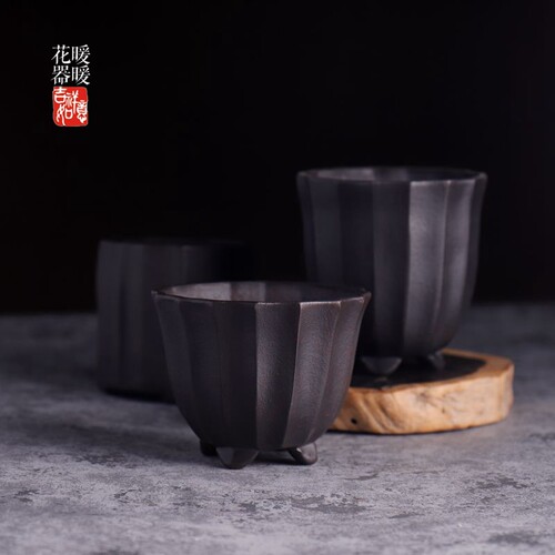 花菱 原矿紫砂小号手工盆 精品盆景花盆 古红泥 高档盆景盆