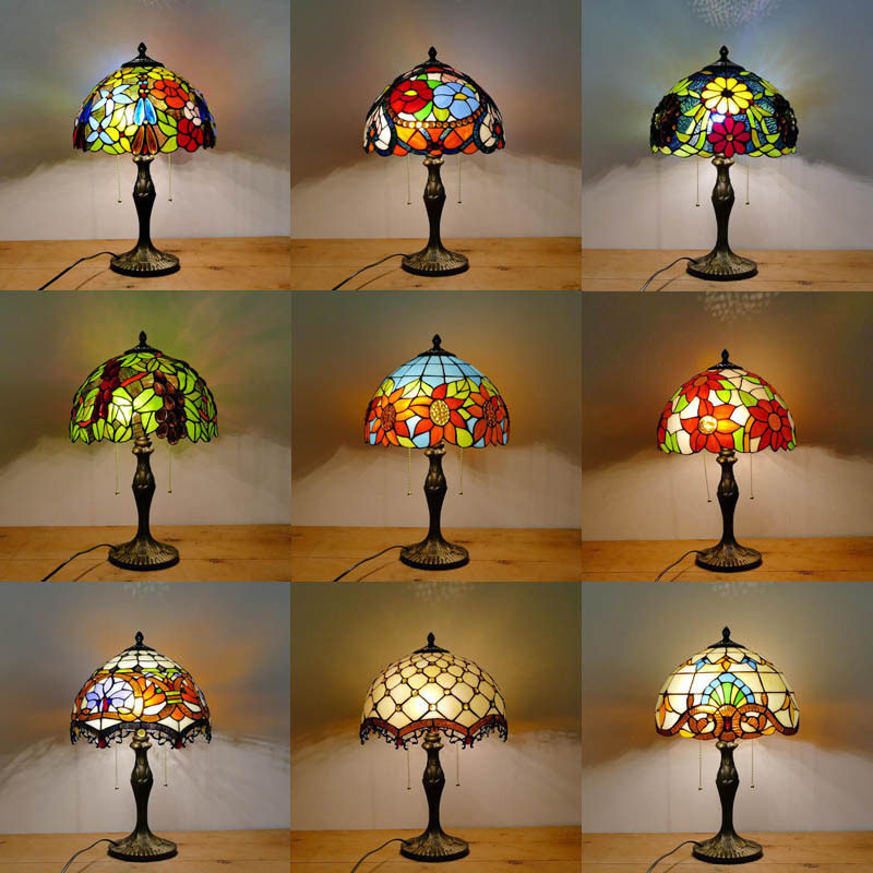 蒂凡尼彩色玻璃客厅卧室儿童床头灯 复古书房12寸巴洛克按钮台灯