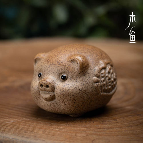 木鱼 粗陶招财进宝小萌猪 手工陶瓷茶盘摆件茶玩茶具可养把玩茶宠