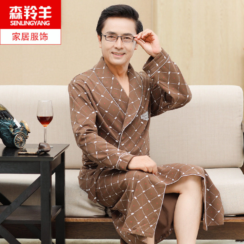 睡袍男士长袖纯棉春秋季中老年人爸爸加肥加大码宽松浴衣浴袍睡衣