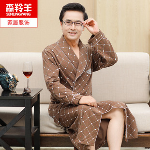 中老年人爸爸加肥加大码 纯棉春秋季 宽松浴衣浴袍睡衣 长袖 睡袍男士
