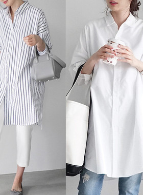 白色棉衬衫女春秋款宽松bf风大版中长款大码长袖衬衣女韩国东大门