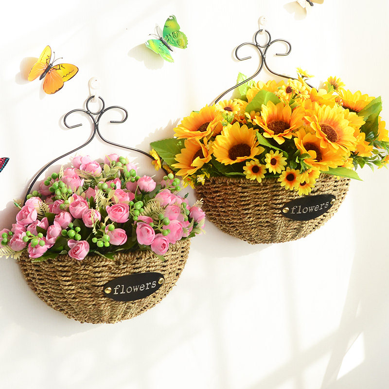 编织篮子墙壁花盆藤编壁挂花篮吊挂花盆客厅挂墙花篮插花装饰挂件
