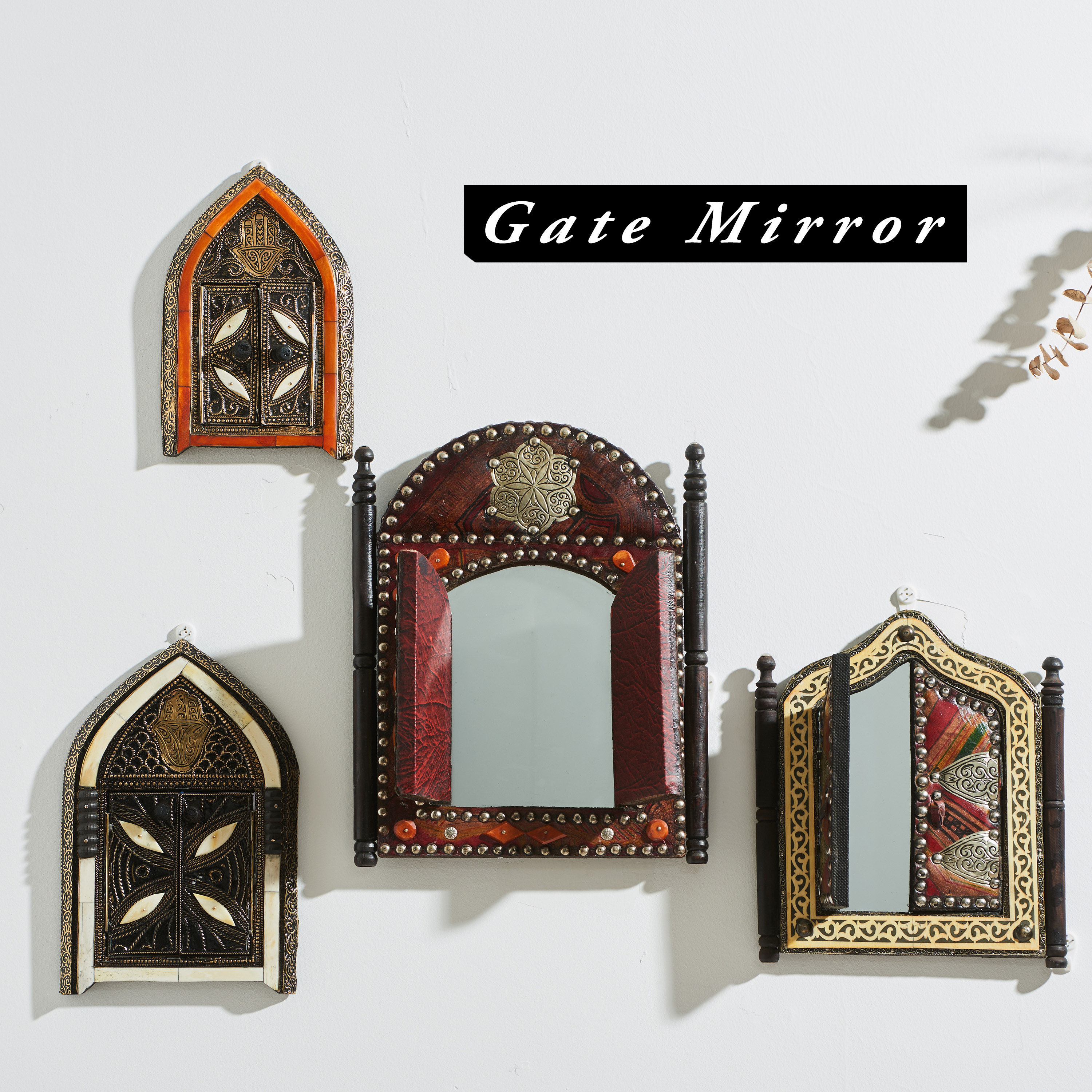 Gate Mirror 摩洛哥手工木制铜纸皮质贴面小门镜墙饰饰品家居壁饰