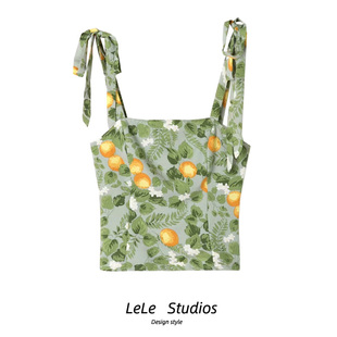 复古绿色碎花肩部绑带松紧修身 包邮 法式 度假吊带背心上衣 夏季