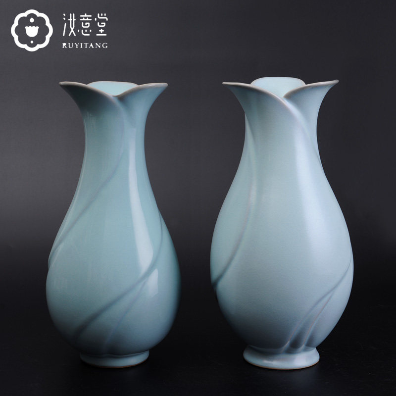 汝窑工艺品陶瓷花瓶花器家居客厅装饰品摆件简约复古中式蓝色瓶子