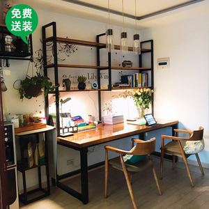 loft双人实木书桌书架组合书房一脑写字台定制桌侣台式电体情家用