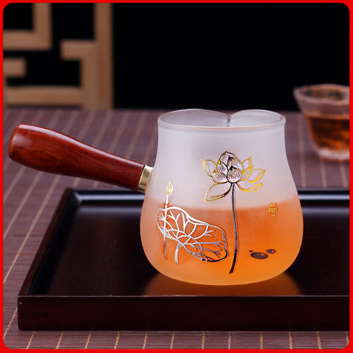 木把玻璃公道杯 加厚耐热磨砂分茶杯 手工创意侧把家用公杯大号