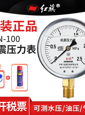 红旗牌YTN-100径向耐震压力表 负压真空水油液气压1.6精度M20接头