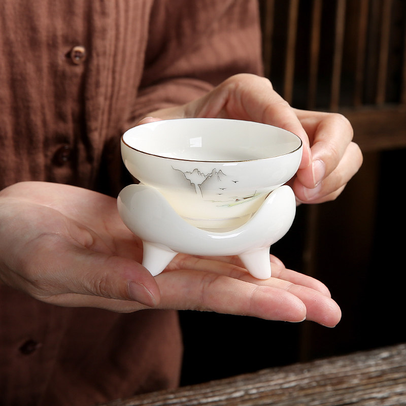 羊脂玉茶滤组白瓷茶具茶漏陶瓷功夫配件家用茶叶滤网茶斗单独一体
