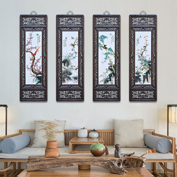 名家陶瓷画梅兰竹菊画景德镇瓷板画仿古四条屏沙发壁画背景墙挂画