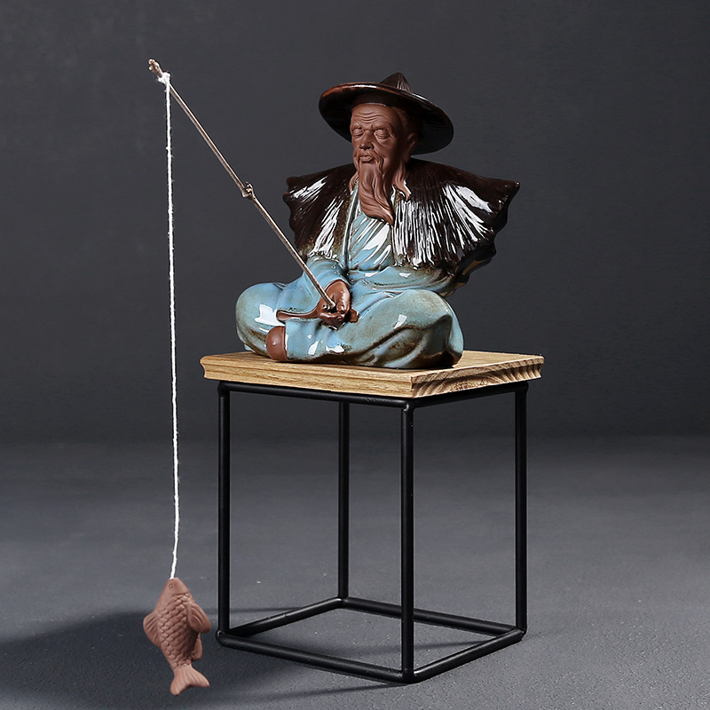 速发创意陶件人物禅意摆瓷渔翁钓鱼家居装工品招财饰艺品佛像客厅