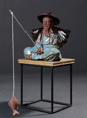 速发创意陶件人物禅意摆瓷渔翁钓鱼家居装工品招财饰艺品佛像客厅