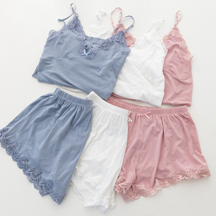 少女家居服 套装 日系V领吊带大弹力棉睡衣女夏季 两件套蕾丝边无袖