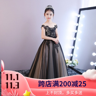 公主裙女童黑色蓬蓬裙生日晚礼服模特走秀长款拖尾主持钢琴演出服