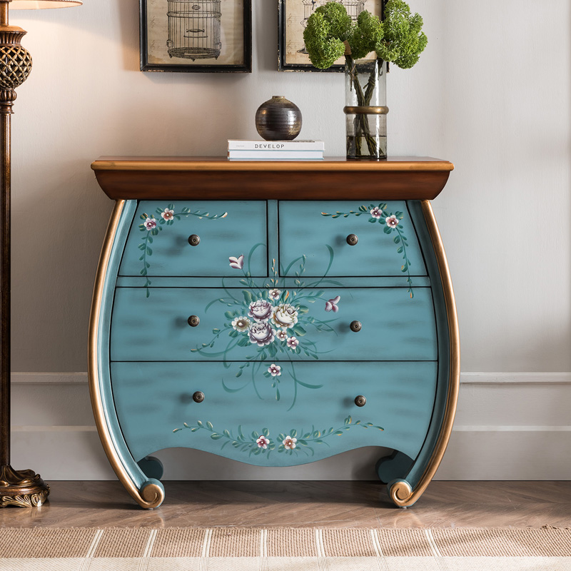 美式乡村复古做旧手绘实木v四斗柜彩绘装饰柜客厅储物收纳卧室柜