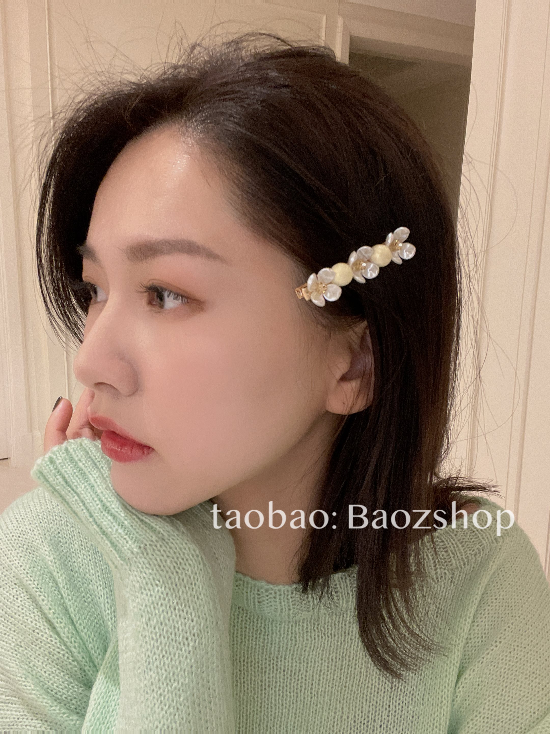 高档s的b苗韩国温柔苗贝母珍花珠少女一字边夹头发夹子头饰刘x奢