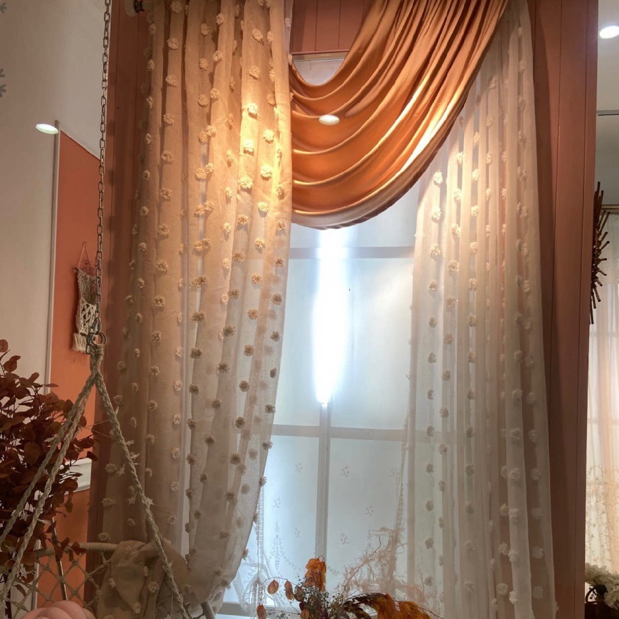 2026年新款白色花朵纱帘美式欧式风格田园客厅阳台餐厅棉麻纱透光