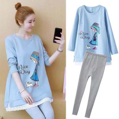 孕妇装套装春秋款外穿时尚中长y款袖打底衫T恤上衣两件套孕中晚期