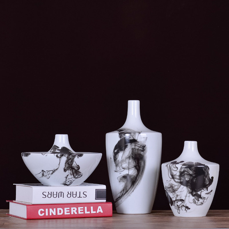 陶瓷 现代新中式软装样板房家居饰品 小口方尖水墨画插花器花瓶