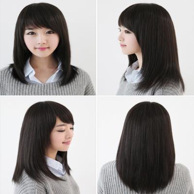 网红假发女 中长直发 内扣 锁骨发黑色偏分斜碎齐刘海 齐肩披肩假