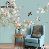 美式 手绘工笔花鸟海棠花背景墙电视客厅壁纸卧室壁画定现货 新中式