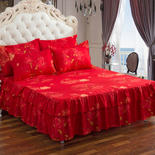 韩版结婚庆大红色单件床裙床笠夏季床罩床单1.5m1.8m2米三四件套
