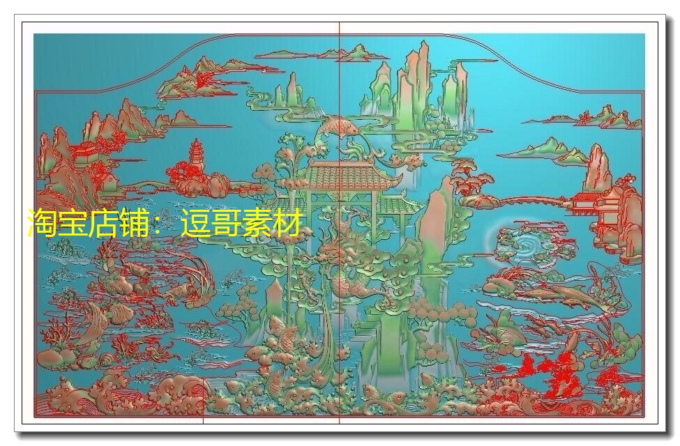 鲤鱼跳龙门沙发背风仙境盘龙山水板景靠背精雕图浮雕灰度电脑雕刻