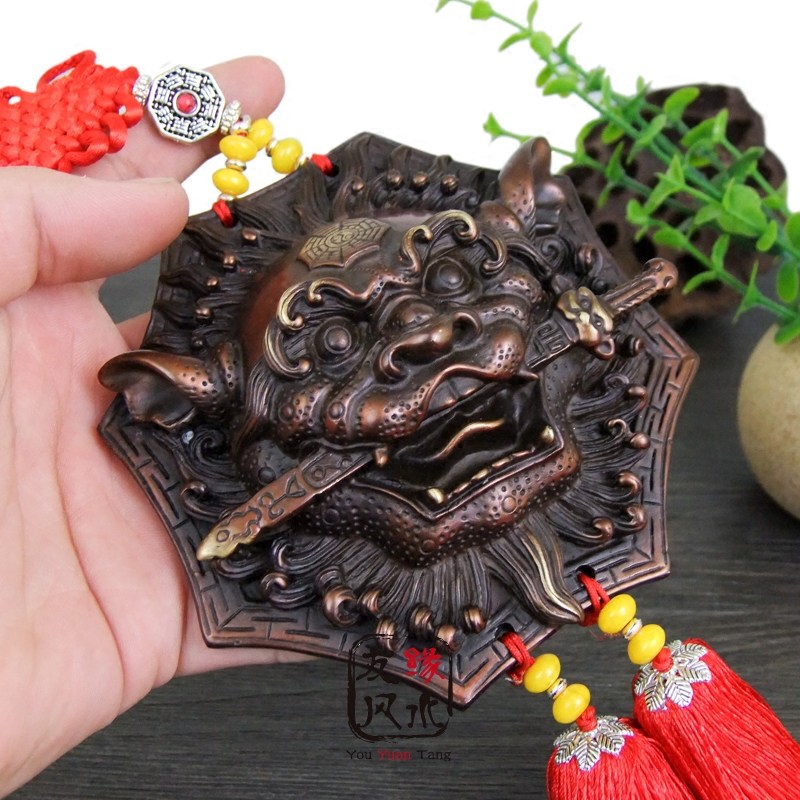 台湾祥狮纯铜兽头八卦狮咬剑睚眦牌 风水门饰家居虎头牌 鎮宅摆件