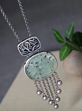 复古 镀925银毛衣链吊坠富贵玉竹镂空做旧工艺流苏长款项链女国风