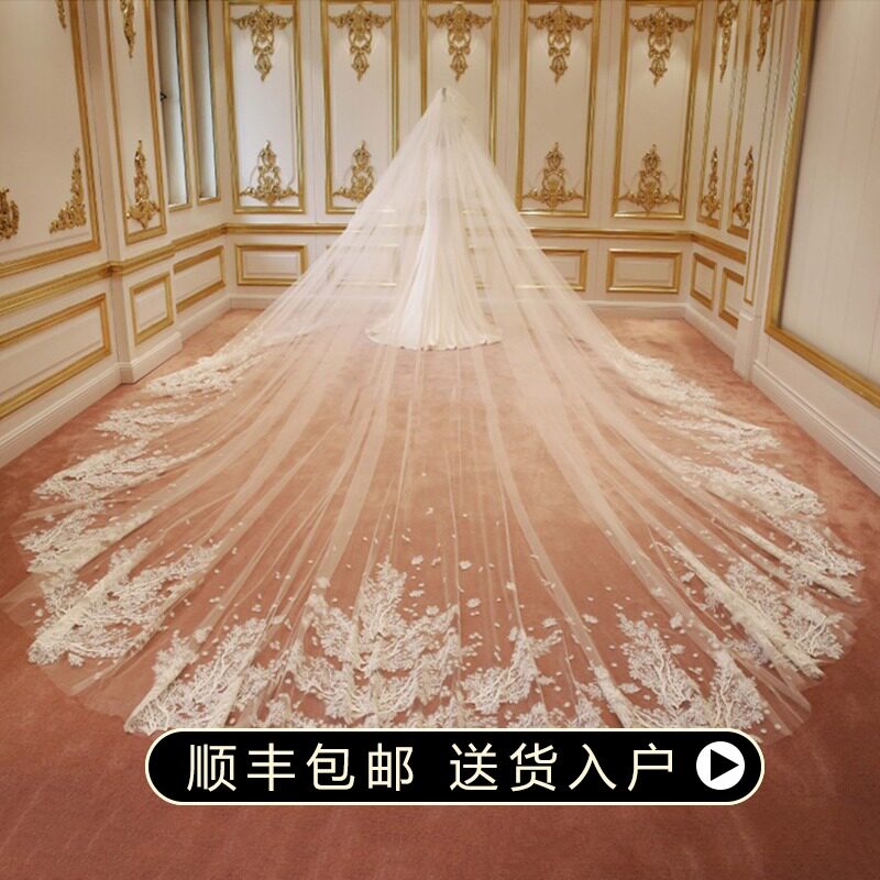 新娘结婚主婚纱香槟色头纱白影楼婚礼拍照头饰超仙森系长款大拖尾