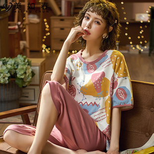 睡衣女夏季纯棉套装短袖五分裤可爱卡通夏天薄款七分裤运动家居服
