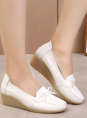 2021新c款女鞋子白色坡跟护士鞋软底防滑春夏百搭真皮中跟浅口单