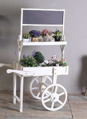 美式乡村家居小黑板手推车木质花架花店商店阳台置物盆栽收纳层架