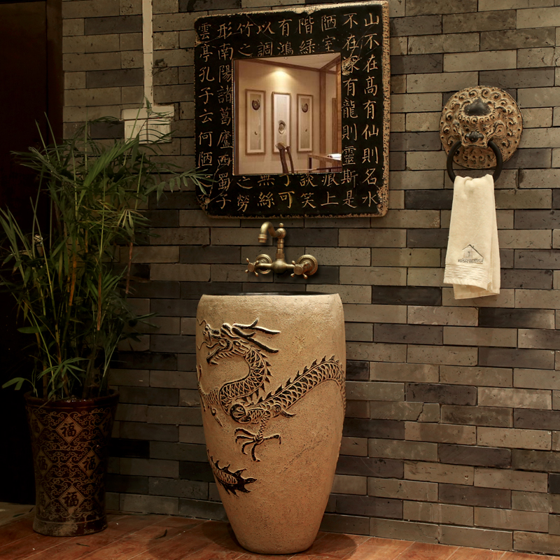 中式洗手盆柜组合落地式酒楼台盆柜仿古艺术洗手台盆柜水龙头冷热