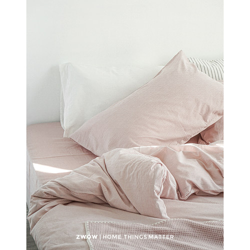 造卧zwow条纹水洗棉粉色床品夏季纯棉夏少女四件套网红床单被套件