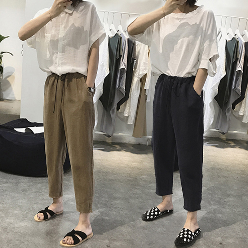 胖mm夏季薄款棉麻裤女大码宽松200斤高腰哈伦亚麻透气九分休闲裤
