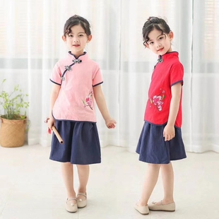 棉麻短袖旗袍夏季套裙女童装民族风唐装纯棉小女孩中童公主连衣裙