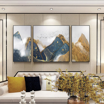纯手绘高品质三联画新中式客厅山景D装饰画沙发背景墙挂画组合套