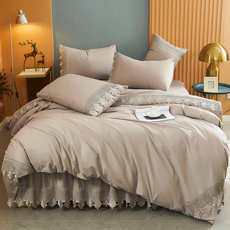 欧式全棉纯棉床裙款四件套纯色双人被套长绒棉蕾丝边床罩床上用品