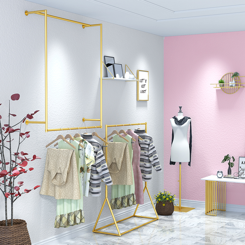 简约风服装店展示架女装店衣架金色落地式侧挂铁艺货架挂衣服架子