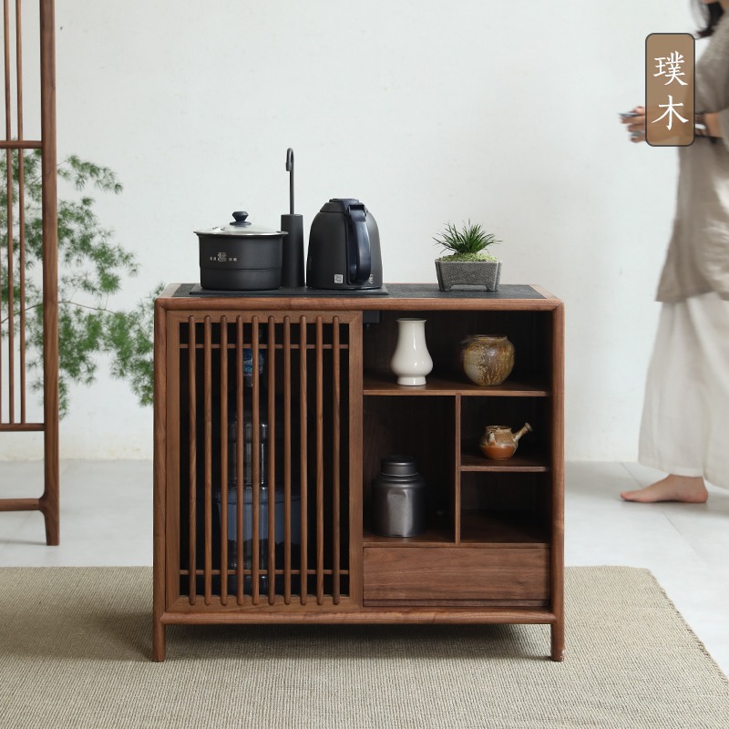 璞木新中式茶水柜实木黑胡桃木白蜡木茶水台下置水桶茶边柜烧水柜