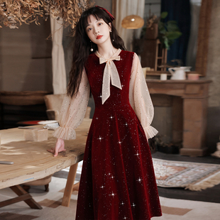 速发红色敬长服新娘结婚订婚礼服回门便装 连衣时丝绒平裙可穿春夏