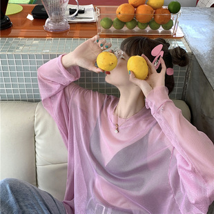 防晒上衣 夏长色恤T薄款 速发紫玫粉红袖 网纱内搭打底衫