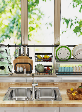 304不锈钢黑色方管跨窗户厨房置物架壁挂式N沥水碗架 窗台收纳挂