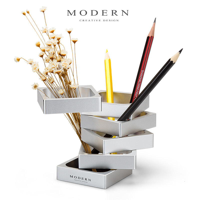 Modern铝合金大容量笔筒 创意高档多变造型金属笔筒 时尚办公摆件
