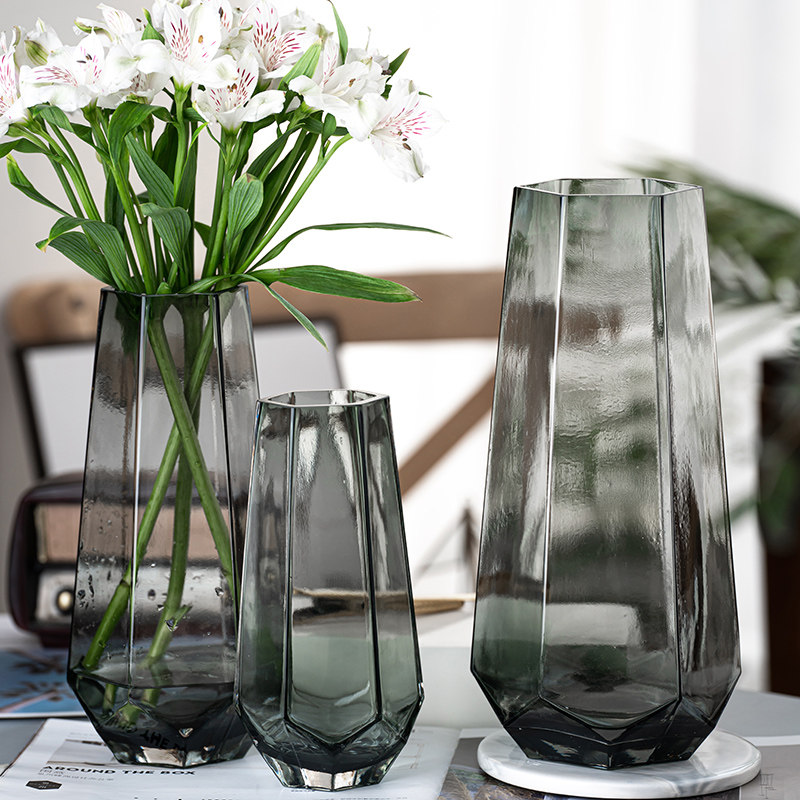 速发意式创欧玻璃花瓶透明水养百合富贵竹六角口家用客厅插花