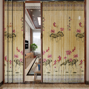 印花竹帘推拉门折叠门隔断帘子屏风竹门帘家用隔.断装 饰门帘