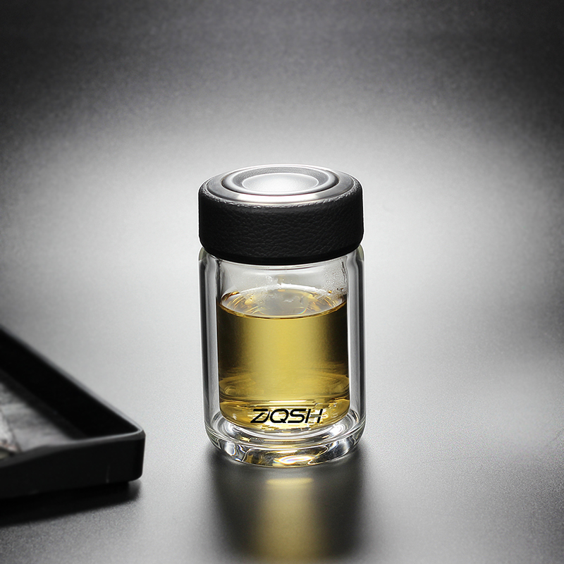 高档双层玻璃杯迷你茶p杯便携水杯子皮纹盖礼品加厚小巧掌中杯透